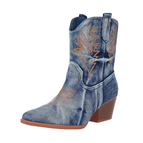 Bandkos Cowboy Boots for Women Ankle Cowgirl Booties Wide Mid Calf Pointed Toe Western Boots Short Chunky Classic Booties