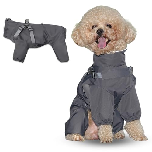Maqilo Four-Legged Dog Raincoat – Waterproof & Windproof with Adjustable Drawstring, Reflective Strips, Easy-On Zipper & Built-in Harness for Small/Medium Dogs