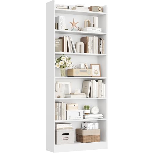 Yaheetech 7-Tier Open Bookcase and Bookshelf, Modern Simple Floor Standing Display Storage Shelves with Top Open Compartment for Home Office, Study, Living Room - White