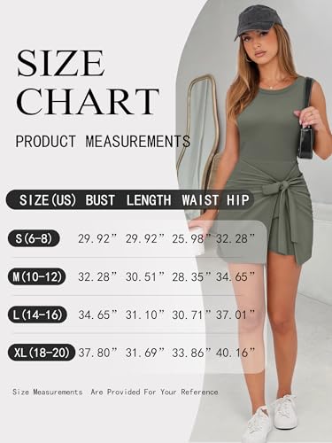 Image of Women Tennis Dress Built in Shorts Summer Sleeveless Bodycon Tie Cinched Waist Mini Athletic Romper Skort Dresses Army Green Medium