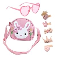HSYWSH 7 PCS Little Girls Handbag Set Adorable Rabbit Crossbody Bag Cute Bunny Rabbit Handbag Heart Shaped Sunglass Girl Shoulder Bag with 5 Hair Clips for Preschool Kids Toddlers Baby Girls (pink)