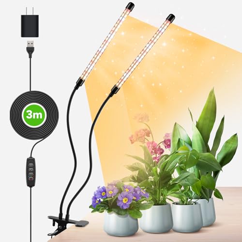 COKOLILA 2 Cabezas Lámpara de cultivo, 160 LEDs luz de espectro completo, 3000 K 5000 K 660 nm para plantas de interior con temporizador, 10 brillo, 3 modos, mejor para plantas (Con adaptador)