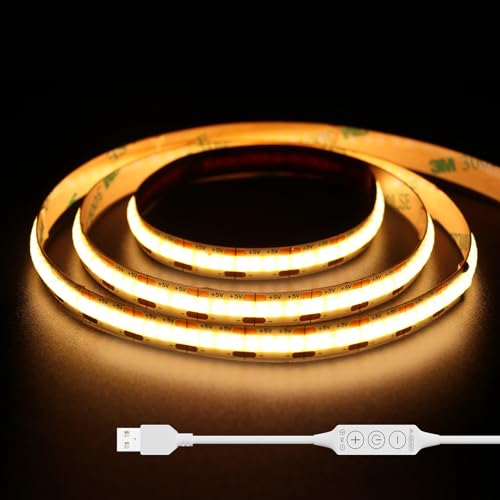 Gingsow Strisce LED COB USB 5V Bianco Caldo 2700K 2M,320LED/M Strisce LED COB Dimmerabili CRI80+ Retroilluminazione TV,Nastro LED Flessibile per Illuminazione Domestica Fai da Te