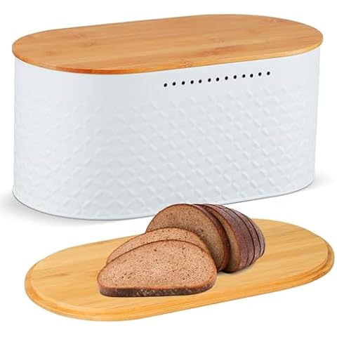 Hossejoy Metal Bread Box with Reversible Bamboo Cutting Lid, Bread Storage Container for Kitchen Countertop, Modern Bread Bin Holder Breadbox (White) Cover