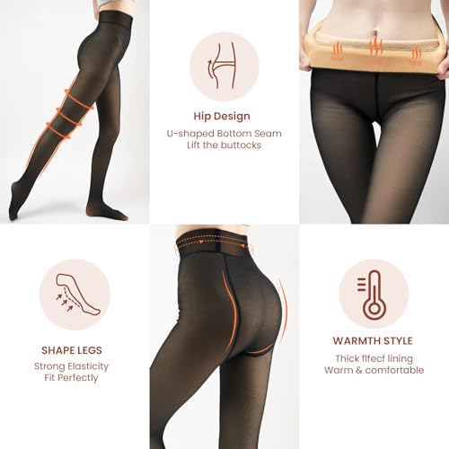 Image of X-CHENG Fleece Lined Tights Sheer Women - Fake Translucent Warm Pantyhose Leggings Sheer Thick Tights for Women