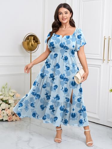 Image of SCOMCHIC Womens Plus Size Maxi Dress Formal Short Sleeve Square Neck Smocked Side Split Flowy A Line Tiered Long Dress