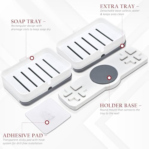 Image of Plastic Self-Adhesive Double Layers Soap Holder for Bathroom Wall with Removable Drain Tray | No Drill Stickable Soap Stand for Kitchen Sink | White