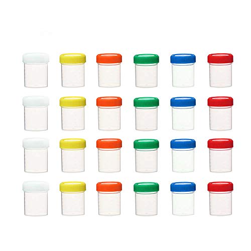 KENZIUM - Set de 24 Frascos Graduados de Laboratorio, para Muestras | 80 ml | Cuello Ancho | de Plástico | Con Tapas de Rosca, 6 Colores | Contenedores de Recogida