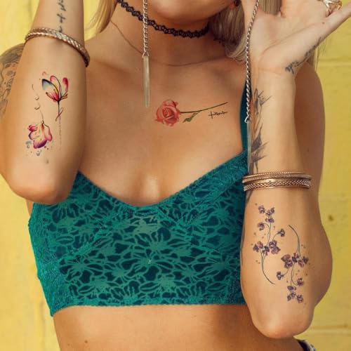 Image of MAYCREATE 30 Sheets Temporary Tattoo for Women Multi-colored Flower Tattoo Sticker Realistic Floral Fake Body Tattoos Wildflower Party Makeup Stickers for Women Girls
