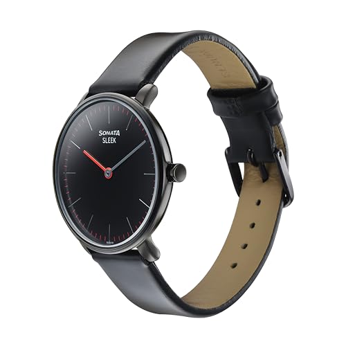 Image of Sonata Sleek Quartz Analog Black Dial Black Leather Strap Watch for Women-8191NL01
