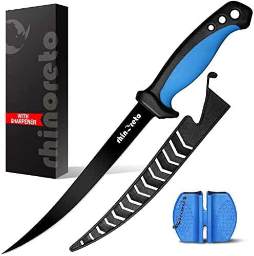 Rhinoreto Fish Fillet Knife and Fishing Knife Set with Sheath and Sharpening tool. Filet Knife for Fish and Boning Knife for Meat Cutting.