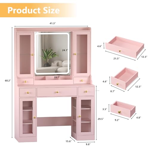 Image of Wodeer Makeup Vanity Desk with Mirror and Lights, 41 inch Pink Vanity Set with 5 Drawers & 4 Glass Cabinets, Power Outlet & Adjustable LED Lights, Dressing Table for Women & Girls Bedroom