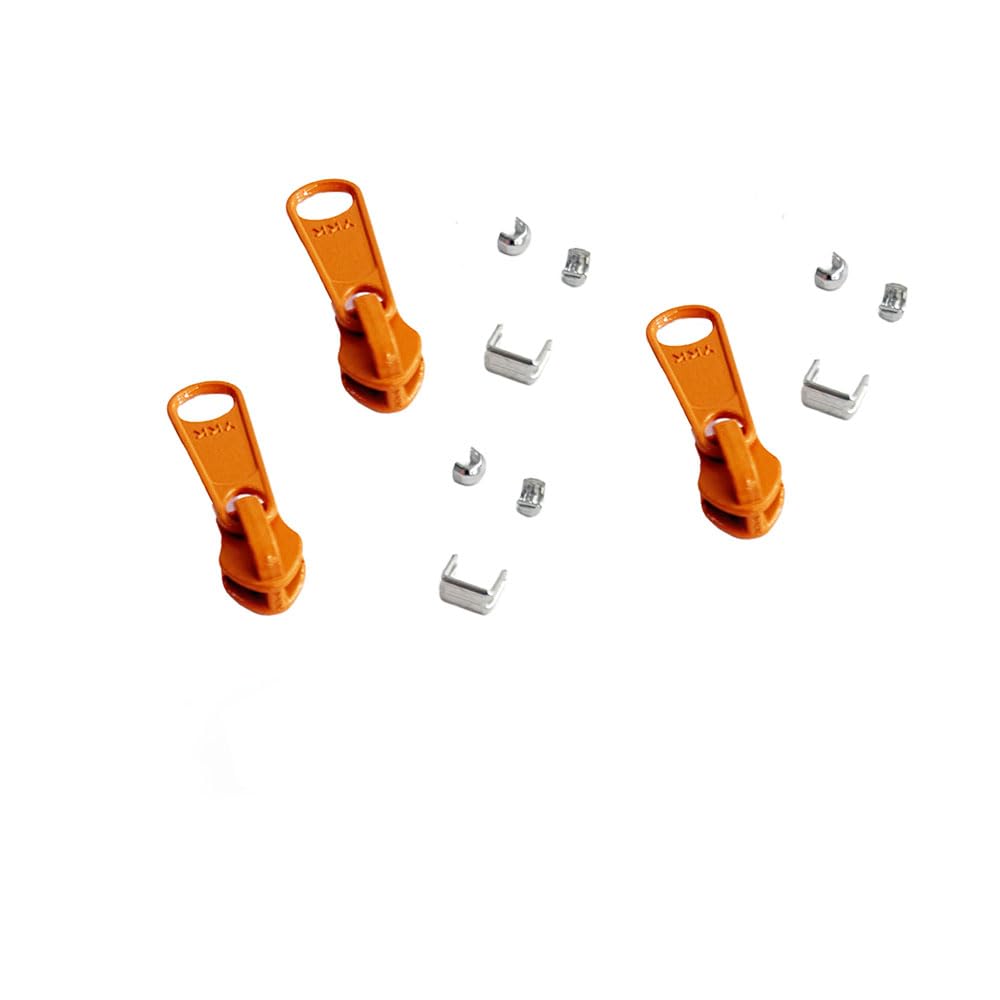 Zipper Repair Kit - YKK #5 Nylon Coil Long Pull Bag Zippers 3/Pack (Non Lock Sliders) with Aluminum Top Bottom Stoppers Included Choose Your Color - Made in The United States (Nectar Orange #523W)
