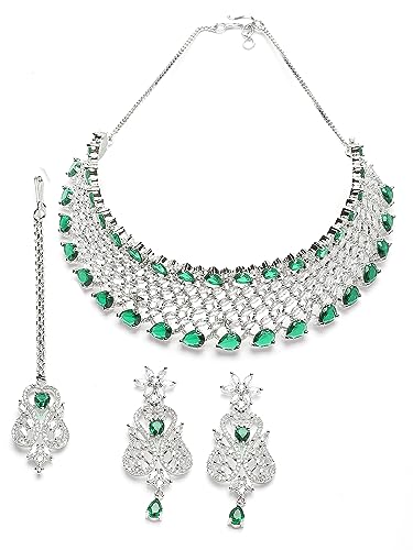Image of Karatcart Silver Tone Green American Diamond Studded Necklace Set for Women