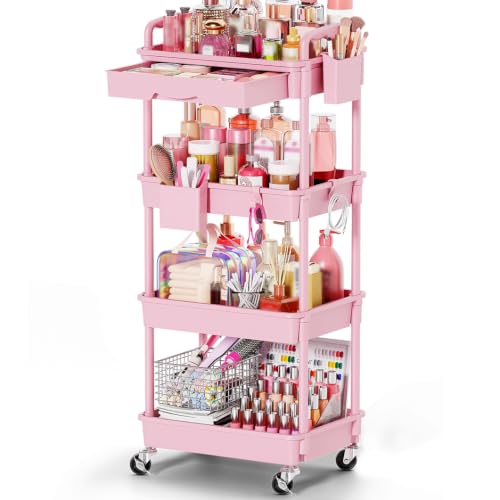Image of Goovilla Rolling Makeup Organizer Cart with Removable Drawer, 4 Tier Stable Pink Floor Skincare Storage Cart for Vanity, Cosmetic Display, Nail Polish, Perfume, Hair Stuff, Beauty, Bathroom(Plastic)