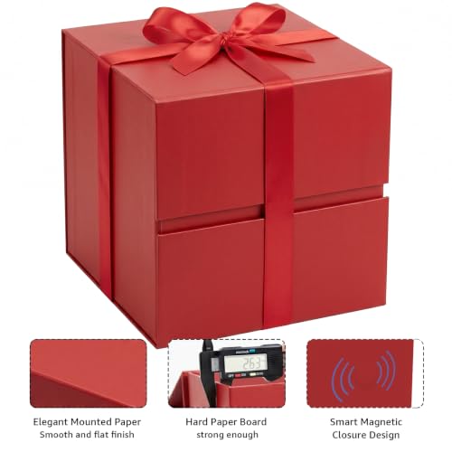 Image of LIFELUM Red Gift Box with Lid 10.2 x 10.2 x 10.2 inch, 1 Pack Square Magnetic Gift Box Includes Paper Filler, Ribbon, Greeting Card for Presents, Wedding, Christmas, Birthday