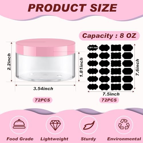 Dandat 72 Pcs 8 oz PET Loose Powder Containers Plastic Jars with Lid and Label, Leak Proof Empty Cosmetic Jars for Lotion, Cream, Gel, Powder - Refillable Travel Storage Containers(Pink)2
