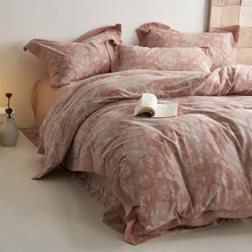 VM VOUGEMARKET Blush Pink Flower Duvet Cover Set Queen,3 Pieces Retro Jacquard Pink Floral Bedding Set,Linen Cotton Yarn-Dyed Textured Duvet Cover with Zipper Closure