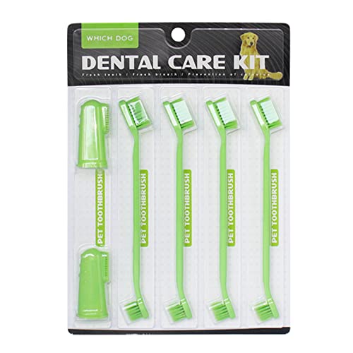 WHICH DOG Pet Toothbrush Cleaning Set, Double-Ended Toothbrush 4 Pack , Finger Toothbrush 2 Pack ,Soft Brush Head Caring for Pet Teeth Gums Perfect for Dogs & Cats (Green)