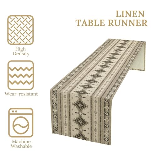 Image of Boho Geometric Aztec Table Runner, Southwest Aztec Tribal Pattern Linen, Rustic Dining Table Decor for Farmhouse Kitchen 13x90 Inch