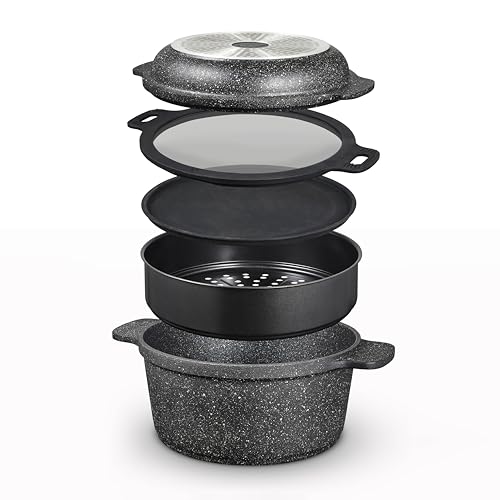 Tower 24cm Lightweight Cast Aluminium Multi-Functional Casserole Dish/Dutch Oven/Stew Pot with Steamer Insert, Domed Lid (Shallow Hob Dish) & Silicone Trivet, Black