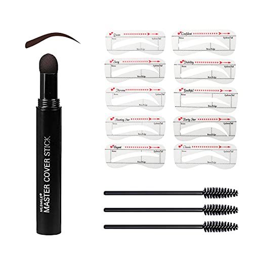 14 in 1 One Step Eyebrow Stamp Shaping Kit, Eyebrow Stamp and Stencil Kit Long Lasting Brow Powder Seal Makeup with 10 Reusable Eyebrow Stencils 3 Eyebrow Brushes (Black)