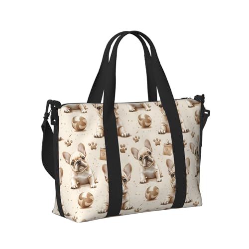 Borsa tote per computer portatile da donna, da lavoro, marrone con simpatico bulldog francese, stampa a tema bulldog francese, borsa da viaggio per donne, borsa da viaggio, borsa da palestra da uomo