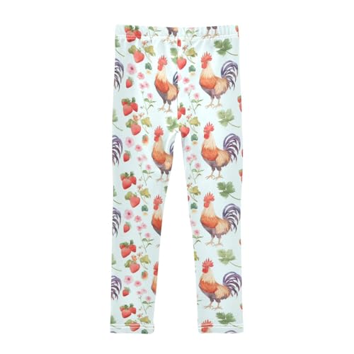 Wusikd Watercolor Roosters Girls' Leggings Toddler Doodles Flowers Strawberries Kids Yoga Pants Dance Active Tights 4T2
