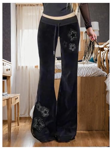 MakeMeChic Women's Y2k Travel Flare Pants Velvet Star Bell Bottom Streetwear3