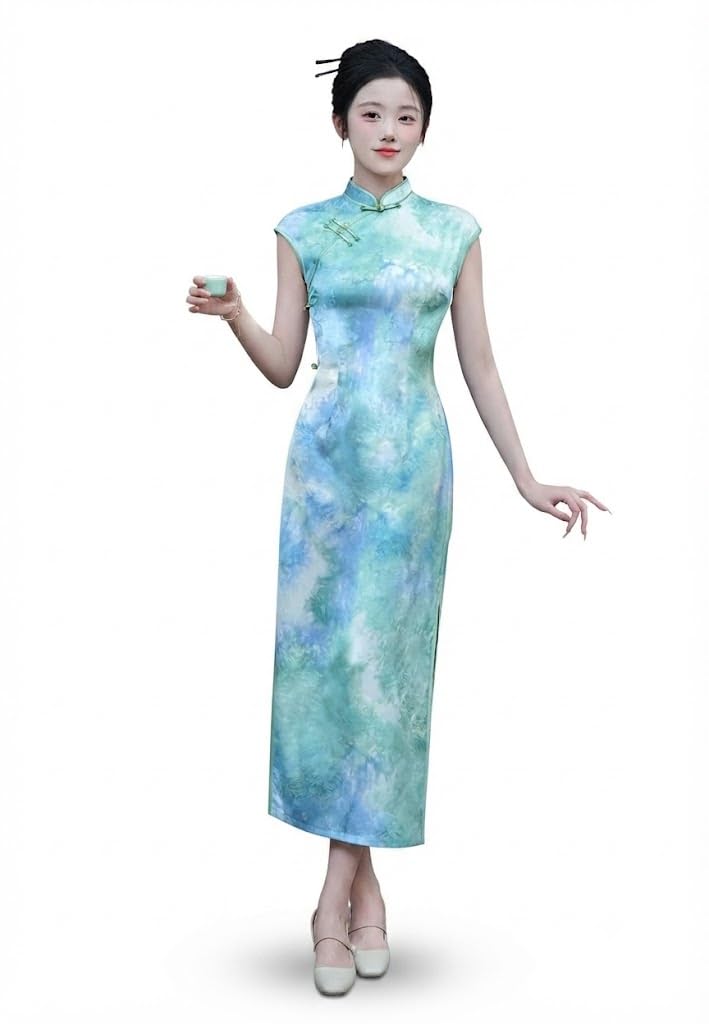 purpleq Elegante Abito Cheongsam Cinese Vintage Stampa Slim Fit Senza Maniche Collo Mandarin Qipao per Feste