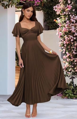 Dessiny Women's Short Sleeve Satin Bridesmaid Dresses with Slit Long Pleated Formal Evening Dress 2025 DE4082