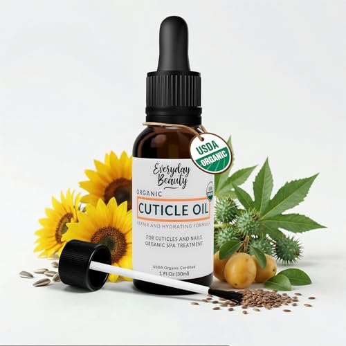 Organic Cuticle & Nail Oil - Repair, Revitalize & Hydrate Cuticles and Nails - Organic Spa Treatment - For Stronger Healthier Nails and Cuticles - 1 Fl Oz Glass Bottle with Nail Brush and Dropper