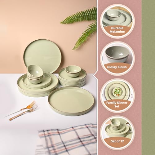 Image of MARKET 99 Melamine Plato Dinner Set of 12 Pcs | Glossy Round Dinner Set with Plain Design | Includes 4 Full Plates, 4 Quarter Plates & 4 Soup Bowls | Durable, Lightweight & Easy to Clean