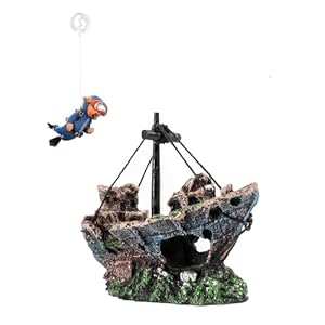 Aquarium Shipwreck Decoration + Little Diver Floating Fish Tank Decoration, Fish Tank Hideout, Fish Tank Ornaments (Shipwreck)