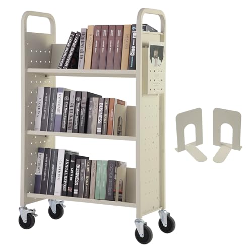 Image of VEVOR Book Cart, 330 lbs Library Cart, 31.1 inch x 15.2 inch x 49.2 inch Rolling Book Cart, Single Sided V-Shaped Sloped Shelves with 4-Inch Lockable Wheels for Home Shelves Office and School, Book Truck in Cream