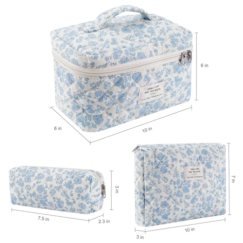 Justnard Quilted Makeup Bag Set, 3 Pcs Cotton Floral Makeup Bag, Large Toiletry Travel Cosmetic Bag for Women