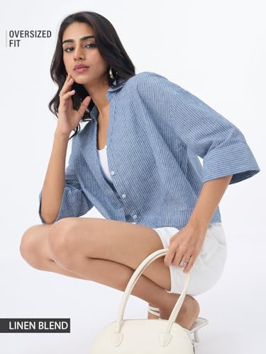 Image of The Souled Store Cotton Linen Shirt: Women and Girls Drop-Shoulder Sleeves Spread Collar Stripes Lightweight Casual Oversized Shirt