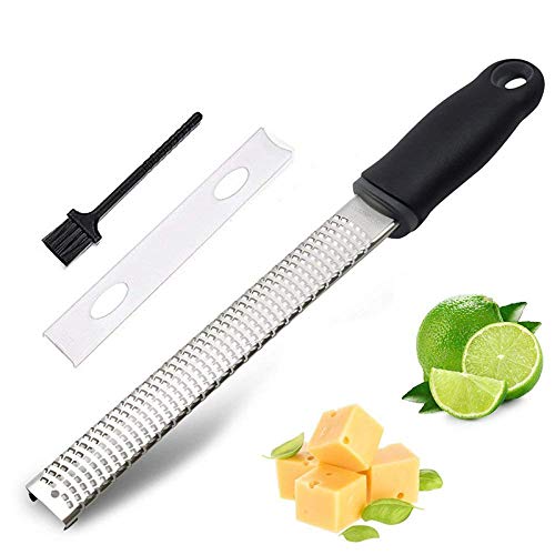 Lemon Zester & Cheese Grater – A Sharp Kitchen Tool for Ginger, Garlic, Nutmeg, Vegetables, Fruits, Premium Stainless Steel Blade with Protective Cover and Cleaning Brush – Dishwasher Safe