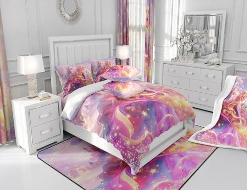 Princess Comforter Set for Boys Girls,Fairy Tale Dreamy Castle All Season Cozy Bedding Set Full Size,Watercolor Flowers Rainbow Starry Fantasy Girly Duvet Set Bedroom Decor - 5