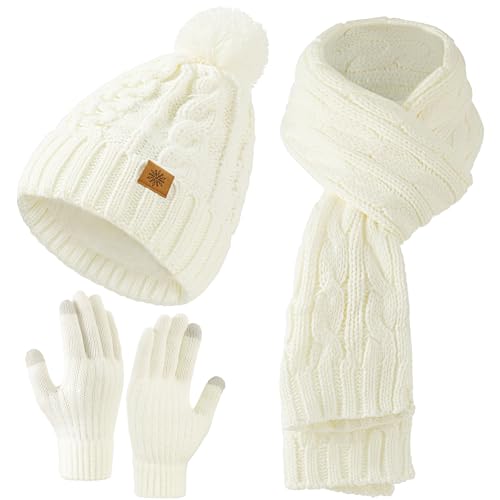 Womens Winter Beanie Hat Scarf Gloves Set, Pom Beanie Warm Knit Scarf Touchscreen Gloves for Cold Weather