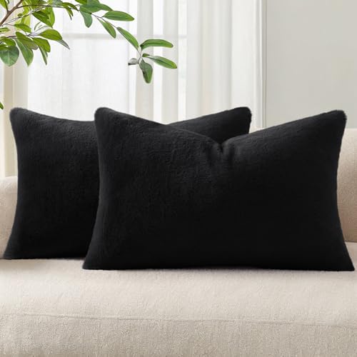 Pallene Faux Fur Plush Lumbar Throw Pillow Covers 12x20 Set of 2, Luxury Soft Fluffy Cozy Decorative Pillow Covers for Sofa, Couch, Living Room, Black