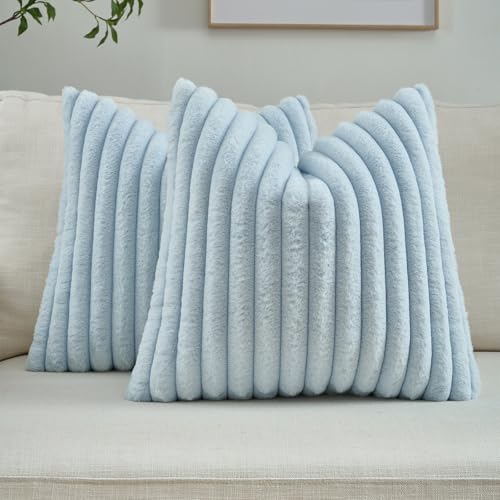 FUTEI Light Blue Striped Decorative Throw Pillow Covers 20x20 Inch Set of 2,Square Winter Decorations Couch Pillow Case,Soft Cozy Faux Rabbit Fur & Velvet Back,Modern Home Decor for Bed