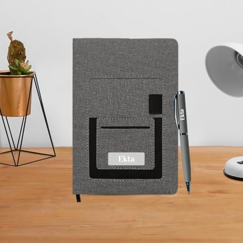 Image of Giftana Personalized Diary with Pen Gift Set for Men and Women, 2 in 1 Customized Jute Pocket Diaries Gift Set for Doctor, Husband, Father, Personalised New Year Corporate Gifts for Employee (Grey)