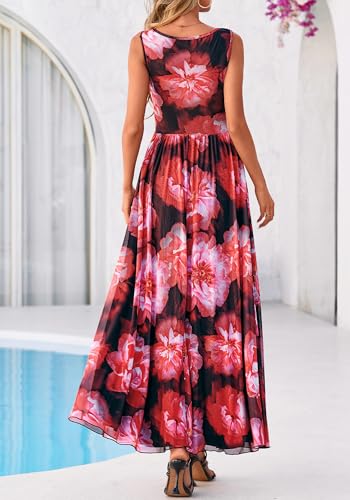 BTFBM Summer Dresses for Women 2026 Floral Maxi Dress Sleeveless Mesh Flowy Spring Wedding Guest Dress Long Sundresses(Black Red Flower, X-Large) — view 3