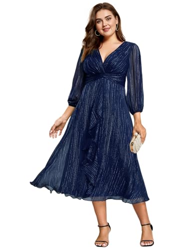Ever-Pretty Women's V Neck A Line Pleated Midi Length Short Sleeves Plus Size Semi Formal Dress