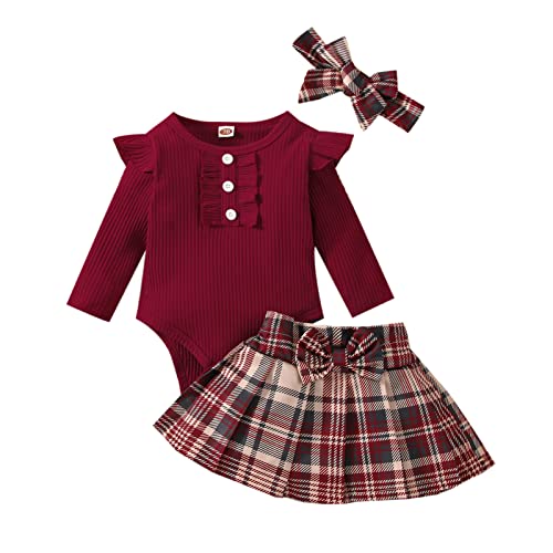 Newborn Baby Girl Christmas Outfit Ruffle Long Sleeve Romper Cute Plaid Skirt Overall Dress Clothes with Headband