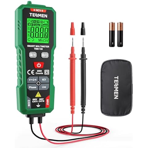 TESMEN TSM-192 Handheld Digital Multimeter, Voltage Tester with Leads, Voltmeter Measures Phase, NCV, AC/DC Voltage, Resistance, Continuity & Live Wire for Automotive Testing, Household-Green Cover