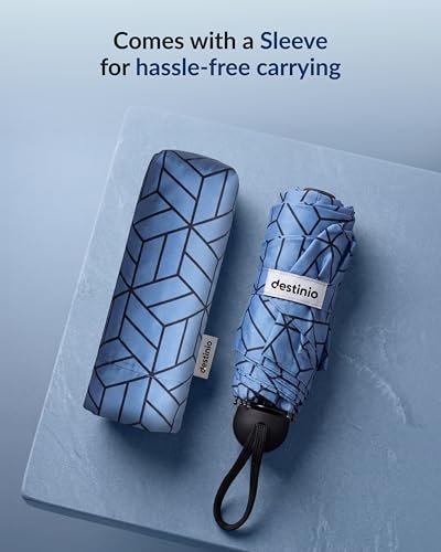 Image of Destinio Capsule Umbrella, 5 Fold Manual Open 19 Inch Small Umbrella for Women and Men with UV Coating for Sun Protection, Foldable Mini Umbrellas for Rain and Sun (Navy Blue Printed)