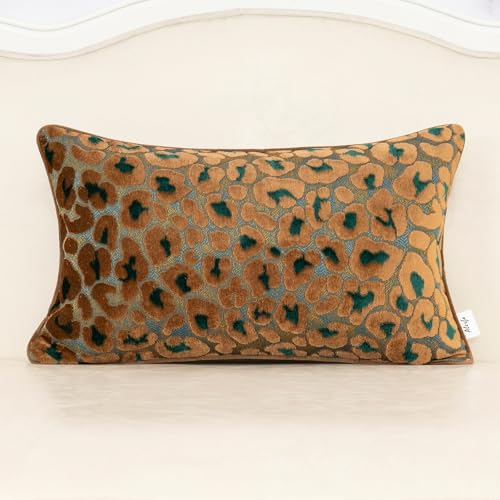 Alerfa Green Brown Floral Throw Pillow Cover 12 x 20 Inch Cut Velvet Rectange Luxury Decorative Lumbar Pillow Cover for Couch Living Room Bedroom