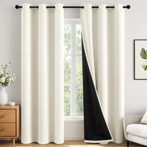 Image of MIULEE Beige White 100% Blackout Curtains for Bedroom 40x84 Inch 2 Panels | 2 Thick Layers Thermal Insulated Window Curtains with Black Liner, Noise Reducing Grommet, Drapes for Living Room